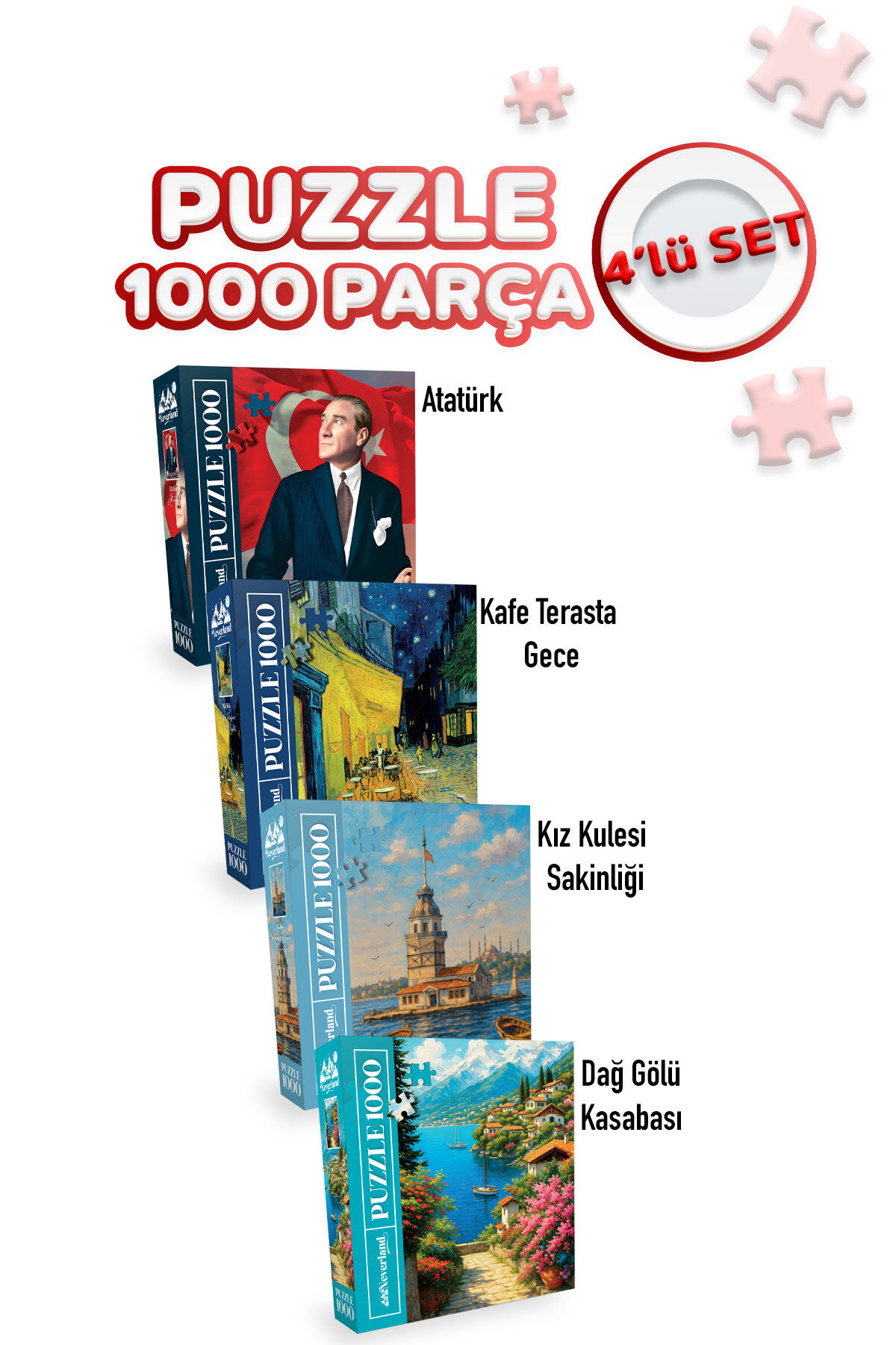 4 ADET 1000 PARÇA PUZZLE -KIZ KULESİ SAKİNLİĞİ VE ATATÜRK VE KAFE TERASTA GECE VE DAĞ GÖLÜ KASABASI