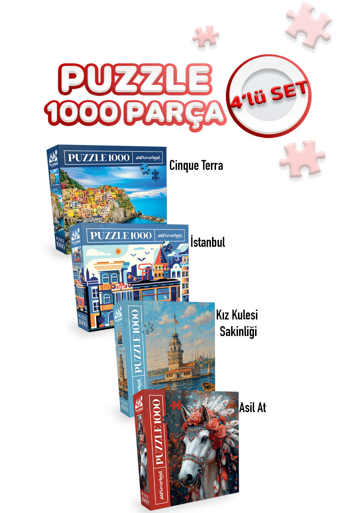 4 ADET 1000 PARÇA PUZZLE -KIZ KULESİ SAKİNLİĞİ VE CINQUE TERRE VE ISTANBUL VE ASİL AT