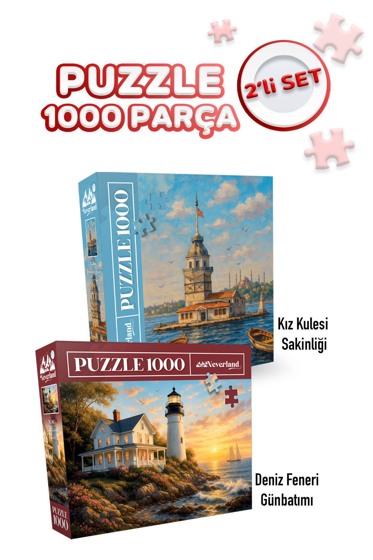 2 ADET 1000 PARÇA PUZZLE -KIZ KULESİ SAKİNLİĞİ VE DENİZ FENERİ GÜNBATIMI