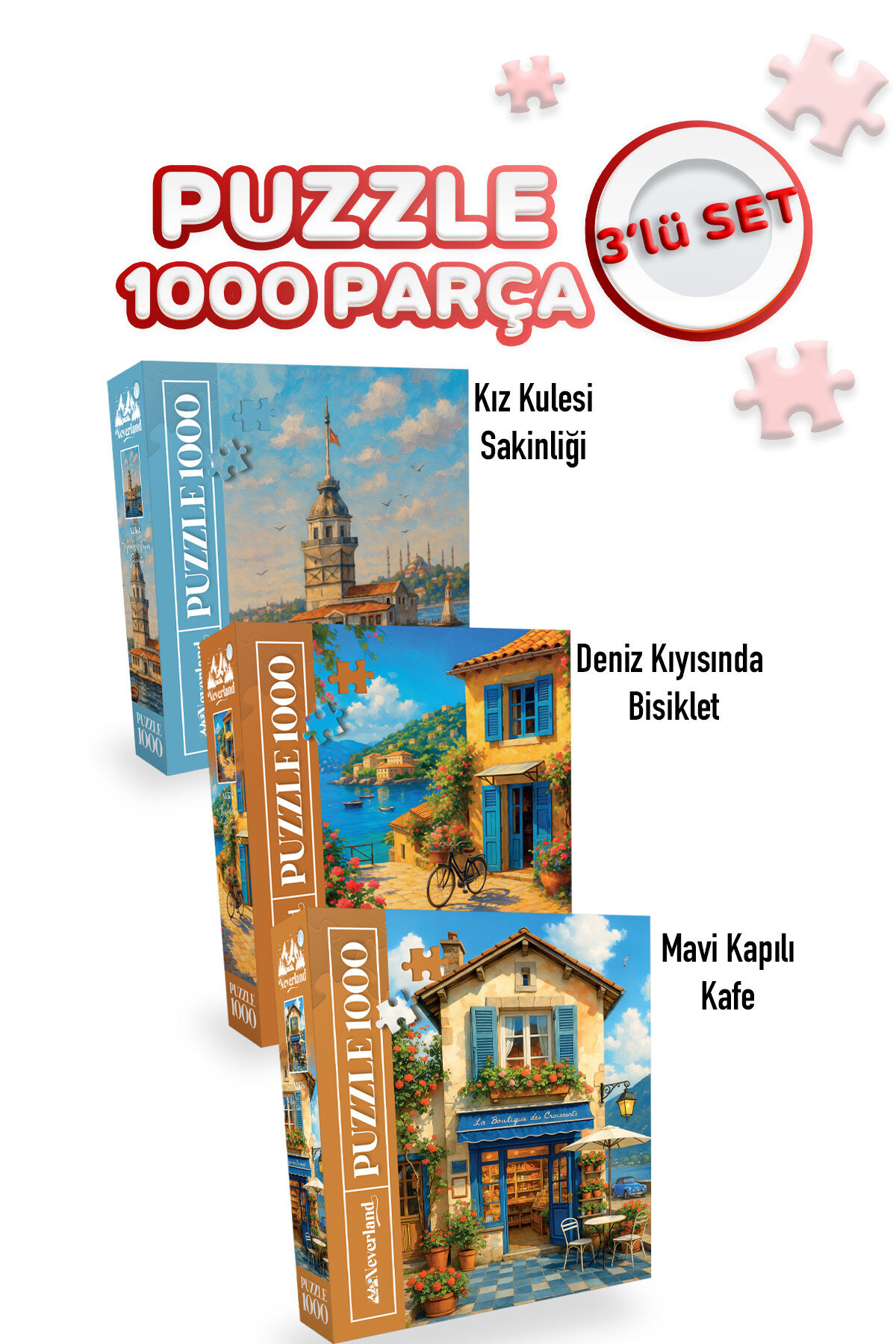 3 ADET 1000 PARÇA PUZZLE - KIZ KULESİ SAKİNLİĞİ VE DENİZ KIYISINDA BİSİKLET VE MAVİ KAPILI KAFE