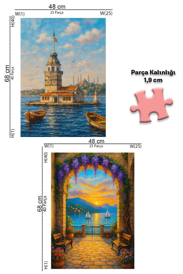 2 ADET 1000 PARÇA PUZZLE - KIZ KULESİ SAKİNLİĞİ VE GÜNBATIMINA KEMERLİ GEÇİT