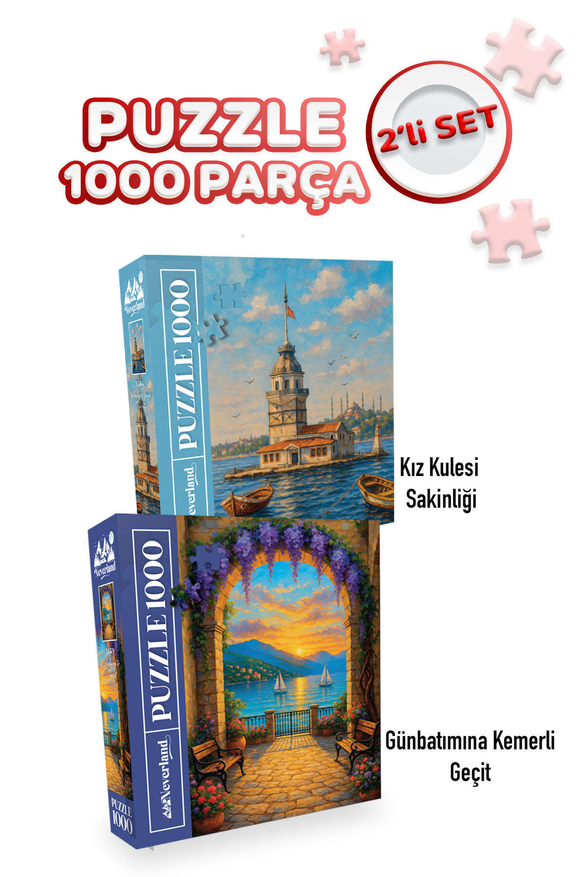 2 ADET 1000 PARÇA PUZZLE - KIZ KULESİ SAKİNLİĞİ VE GÜNBATIMINA KEMERLİ GEÇİT