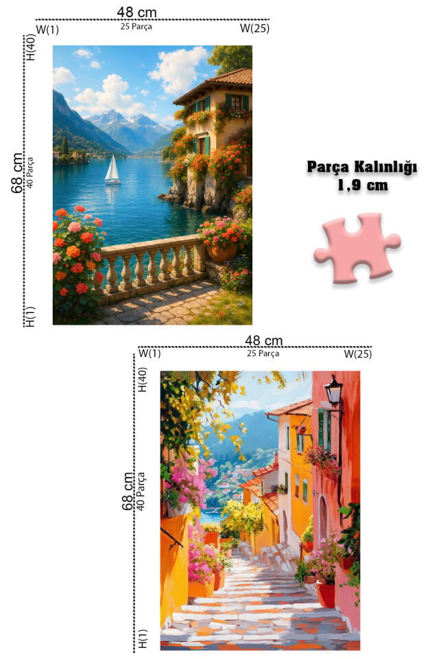 4 ADET 1000 PARÇA PUZZLE -AKDENİZ MERDİVENLERİ VE GÖL MANZARASI VE KIZ KULESİ VE PROVENCE