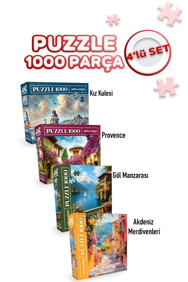 4 ADET 1000 PARÇA PUZZLE -AKDENİZ MERDİVENLERİ VE GÖL MANZARASI VE KIZ KULESİ VE PROVENCE