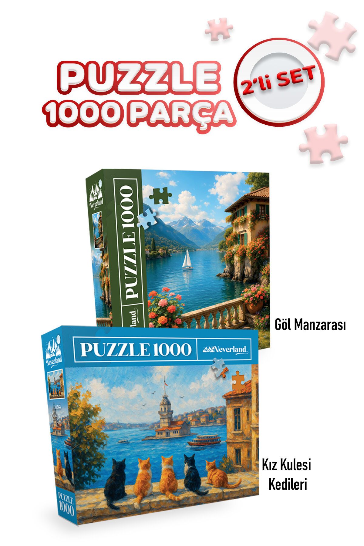 2 ADET 1000 PARÇA PUZZLE -GÖL MANZARASI VE KIZ KULESİ KEDİLERİ