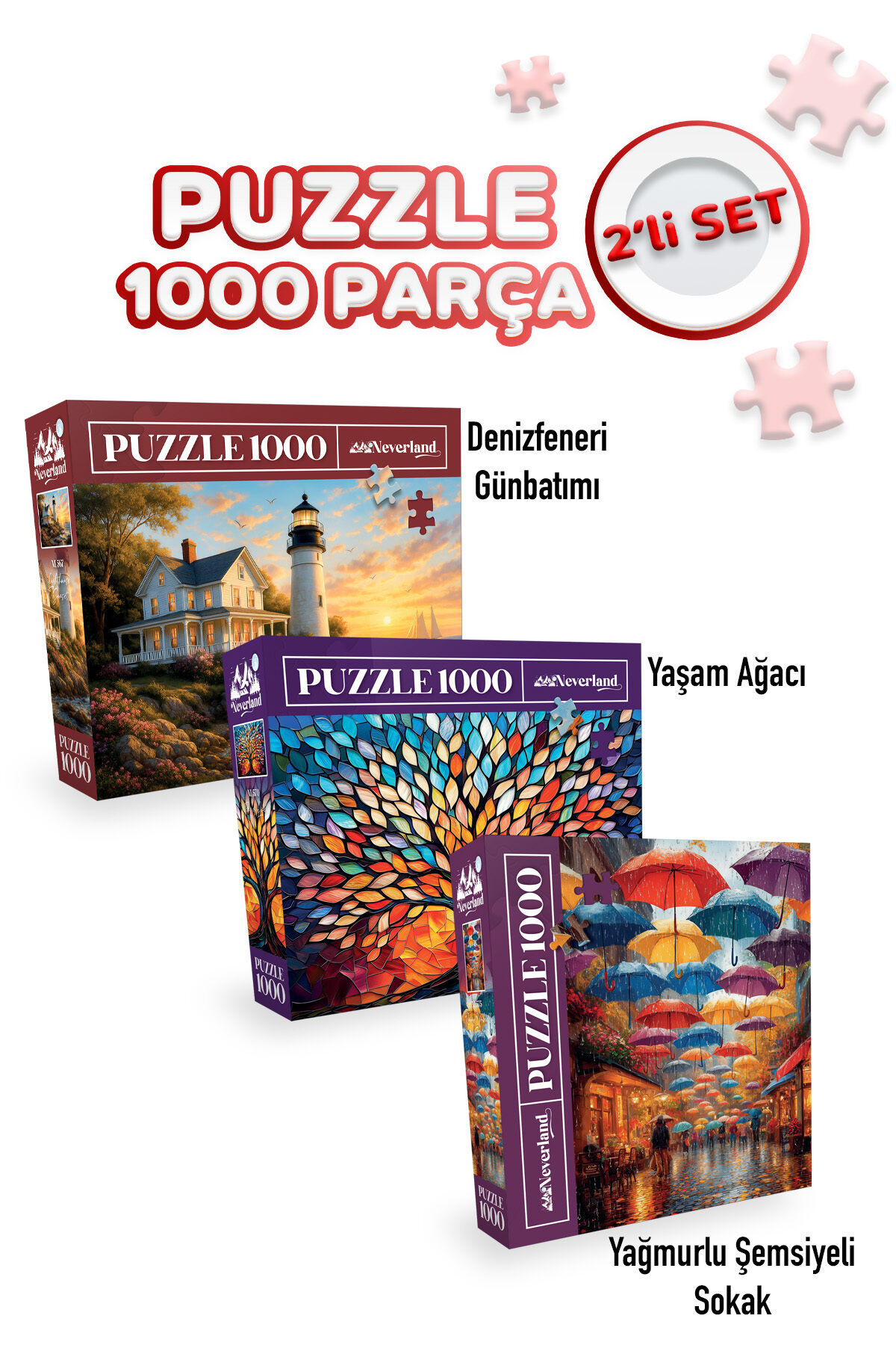 3 ADET 1000 PARÇA PUZZLE DENİZFENERİ GÜNBATIMI VE YAĞMURLU ŞEMSİYELİ SOKAK VE YAŞAM AĞACI