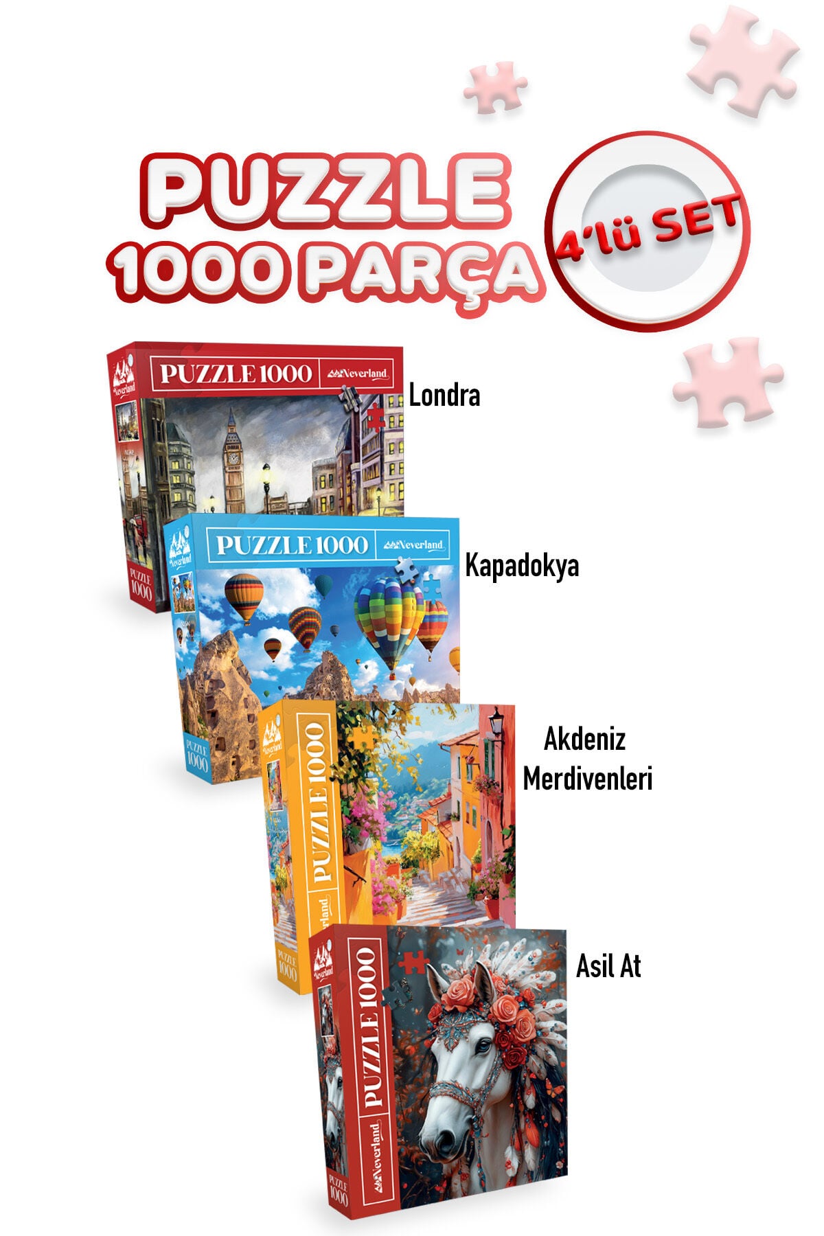 4 ADET 1000 PARÇA PUZZLE -ASİL AT VE AKDENİZ MERDİVENLERİ VE KIZ KULESİ ANILARI VE KAPADOKYA