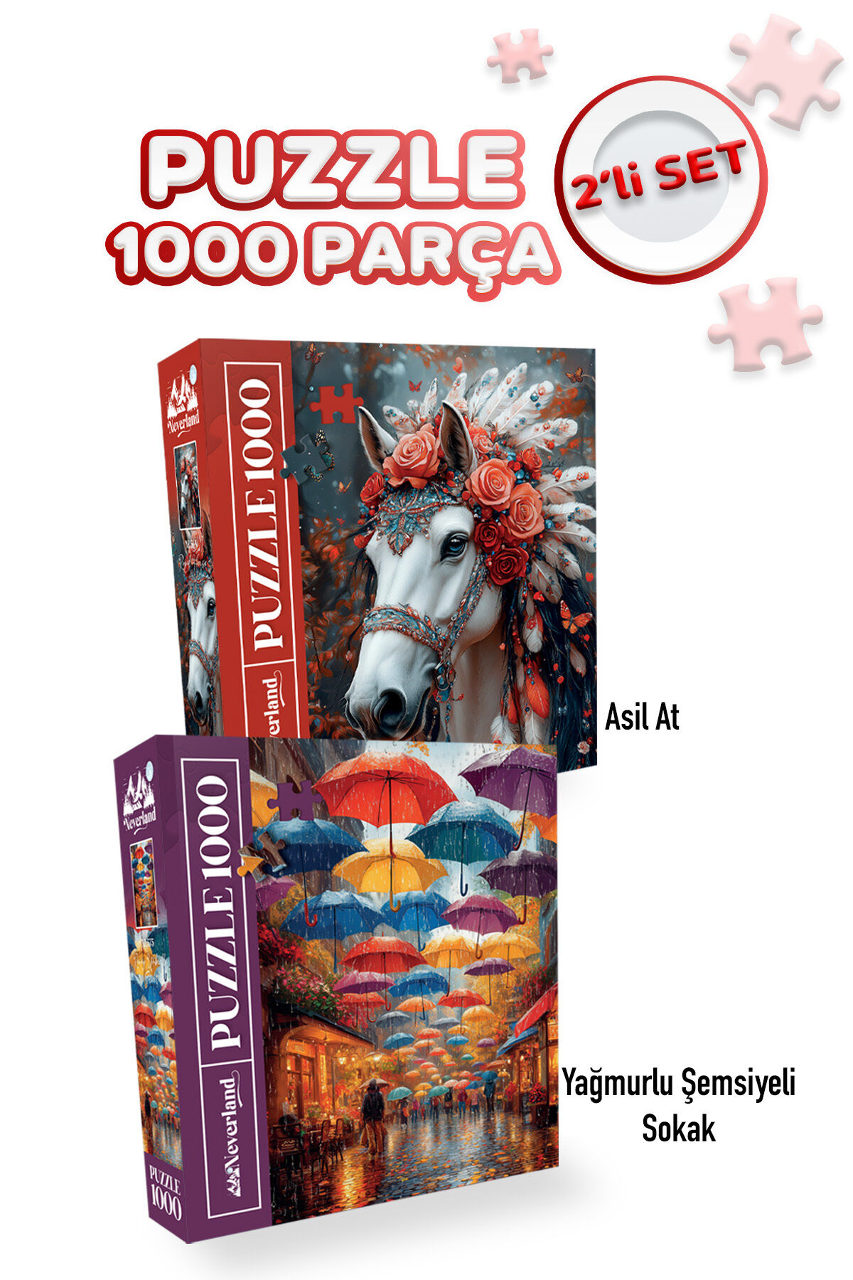2 ADET 1000 PARÇA PUZZLE - ASİL AT VE YAĞMURLU ŞEMSİYELİ SOKAK