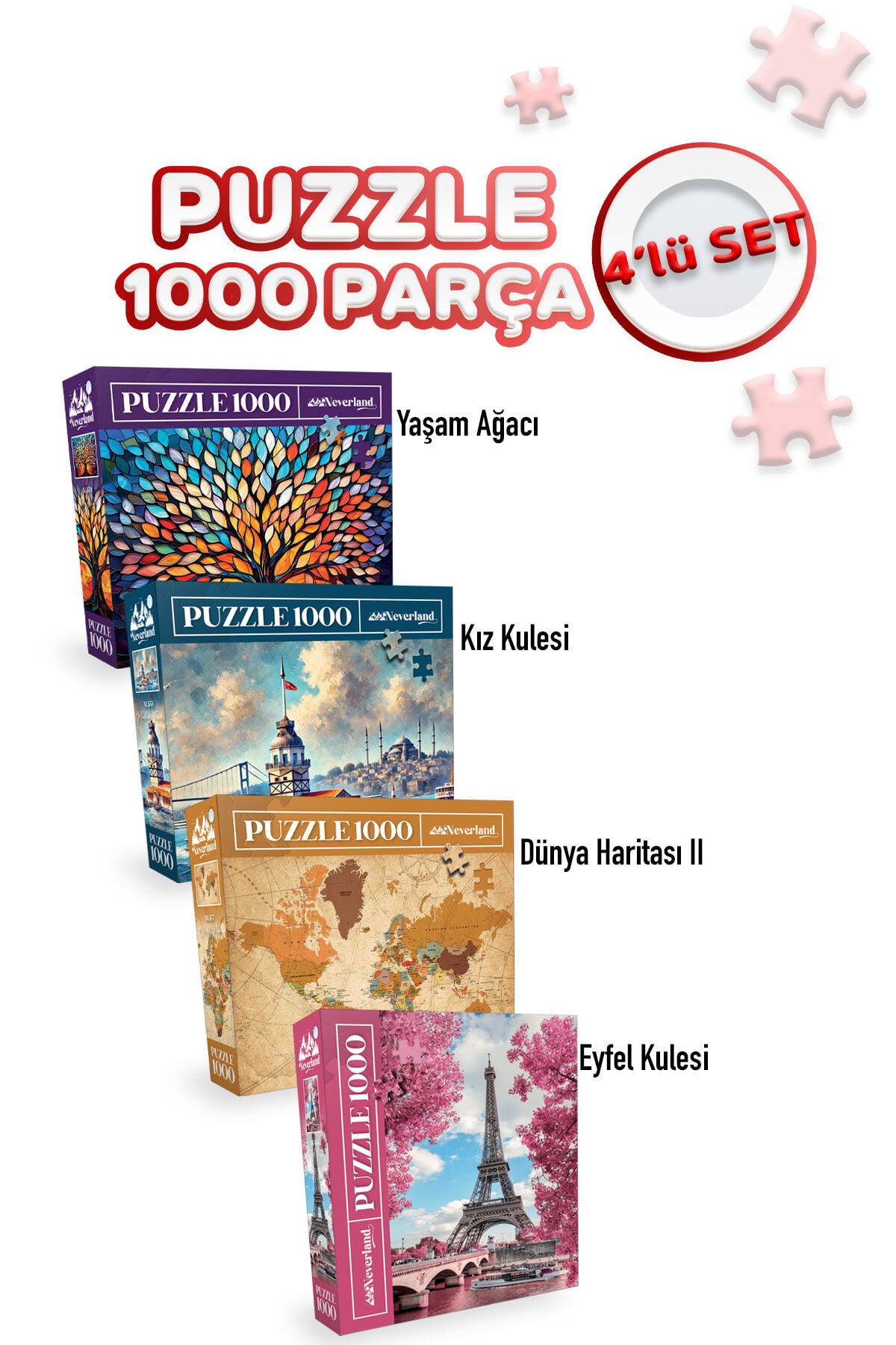 4 ADET 1000 PARÇA PUZZLE -YAŞAM AĞACI VE KIZ KULESİ VE EYFEL KULESİ VE DÜNYA HARİTASI II