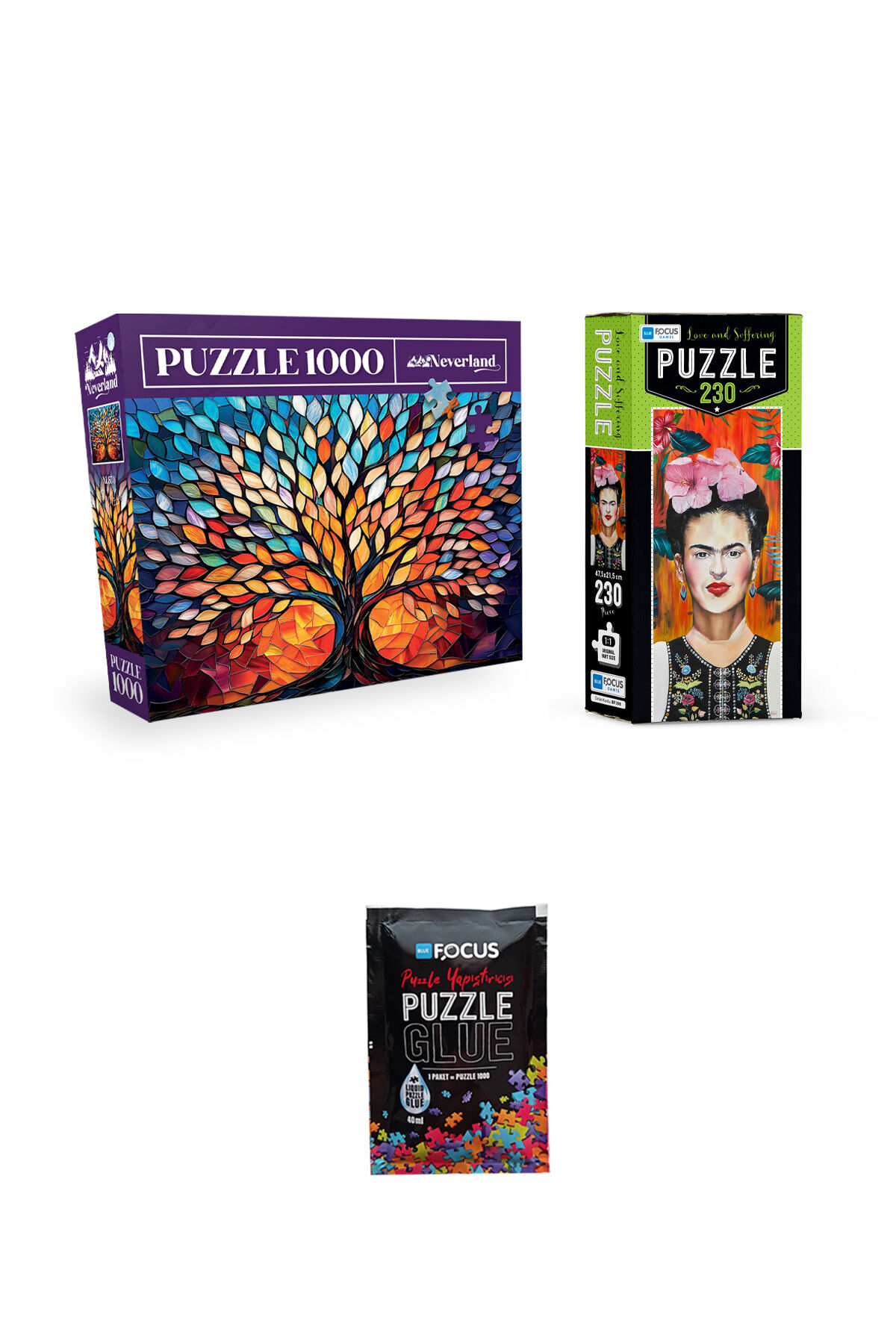 1000 PARÇA PUZZLE YAŞAM AĞACI VE 230 PARÇA LOVE AND SUFFERING VE PUZZLE YAPIŞTIRICISI