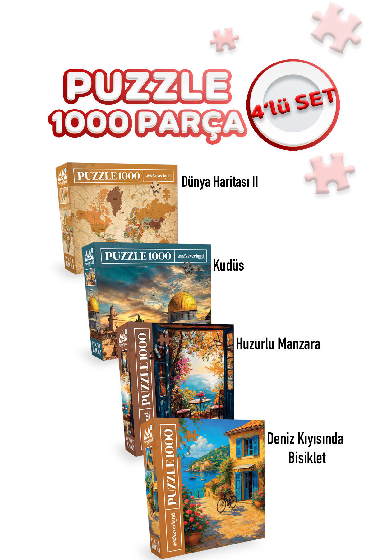 4 ADET 1000 PARÇA PUZZLE -HUZURLU MANZARA VE DENİZ KIYISINDA BİSİKLET VE KUDÜS VE DÜNYA HARİTASI-II