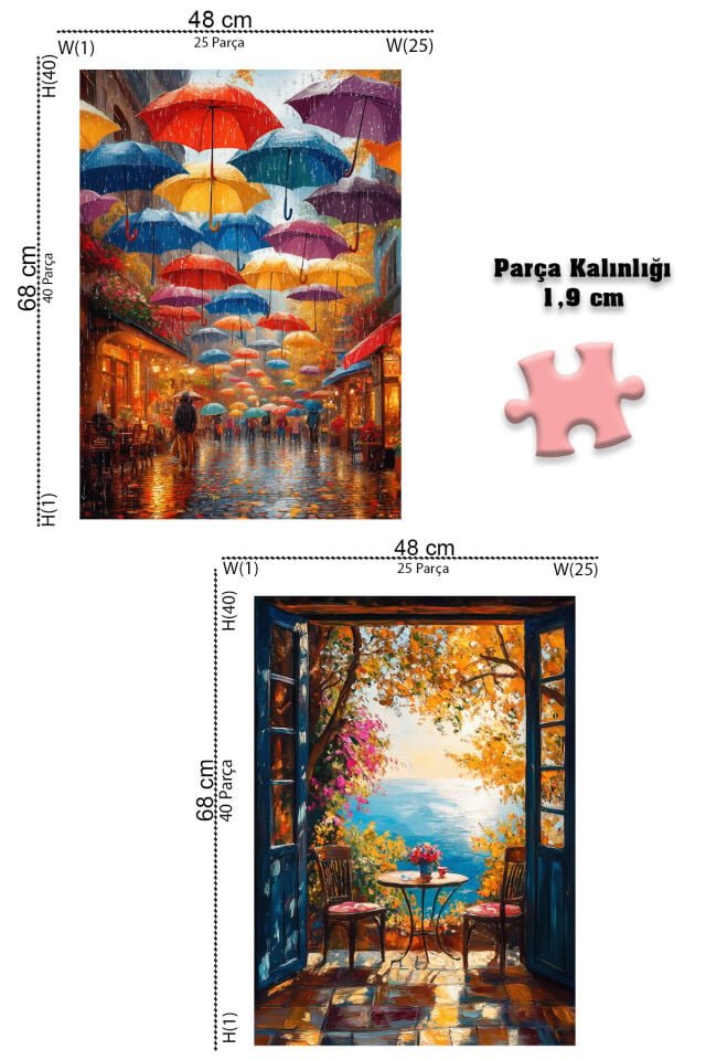 4 ADET 1000 PARÇA PUZZLE -HUZURLU MANZARA VE YAĞMURLU ŞEMSİYELİ SOKAK VE GEZEGENLER VE İSTANBUL