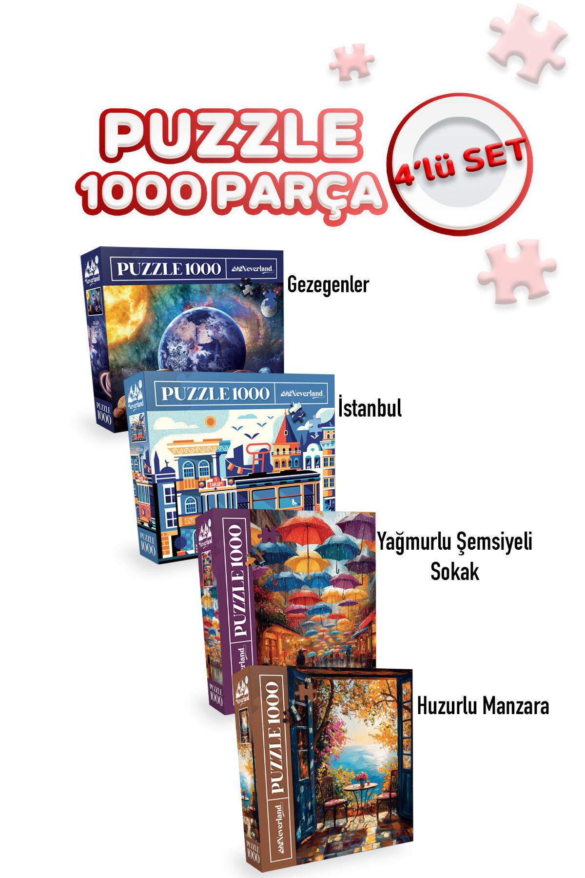 4 ADET 1000 PARÇA PUZZLE -HUZURLU MANZARA VE YAĞMURLU ŞEMSİYELİ SOKAK VE GEZEGENLER VE İSTANBUL