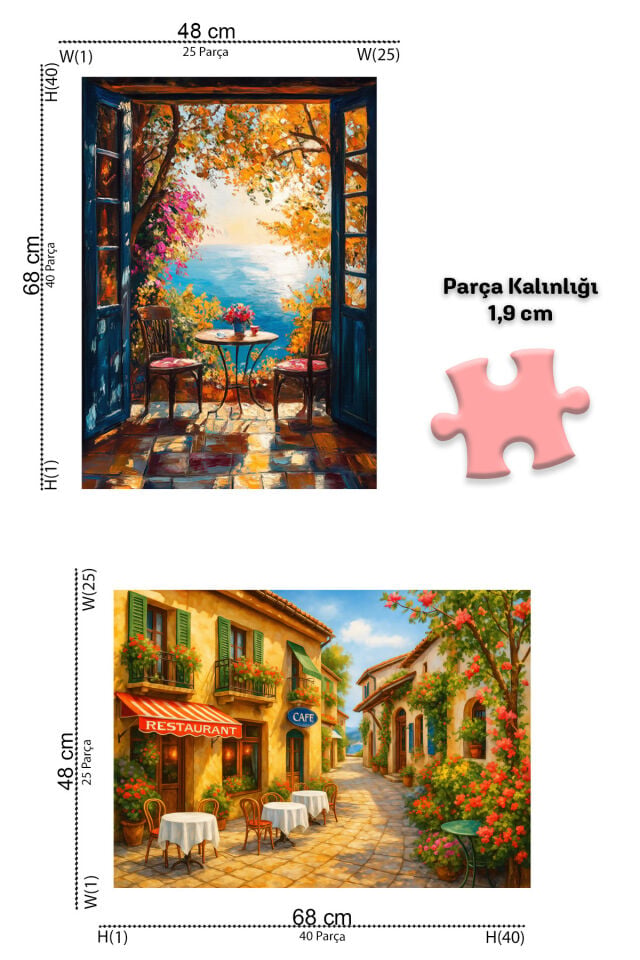 2 ADET 1000 PARÇA PUZZLE -HUZURLU MANZARA VE GÜNEŞLİ KAFE SOKAĞI