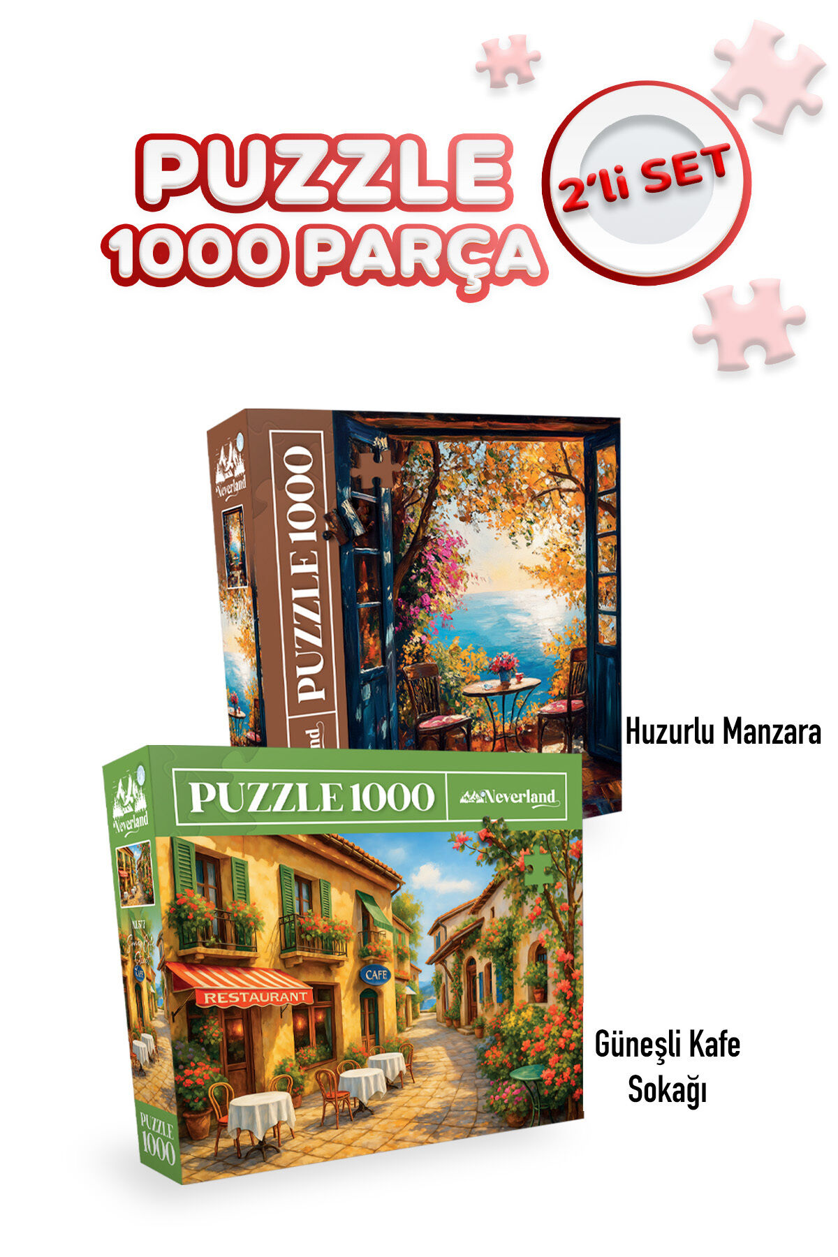 2 ADET 1000 PARÇA PUZZLE -HUZURLU MANZARA VE GÜNEŞLİ KAFE SOKAĞI