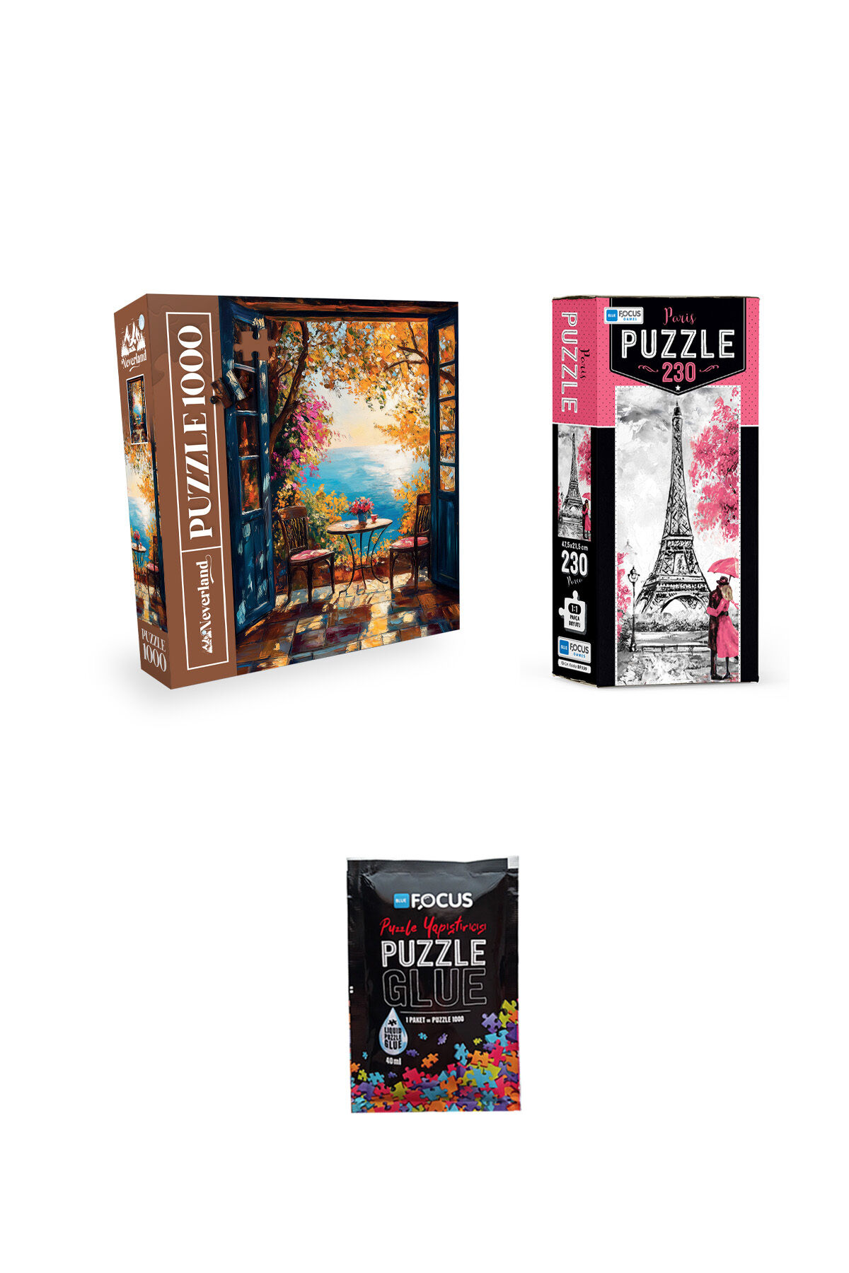 1000 PARÇA PUZZLE HUZURLU MANZARA VE 230 PARÇA PARIS VE PUZZLE YAPIŞTIRICISI