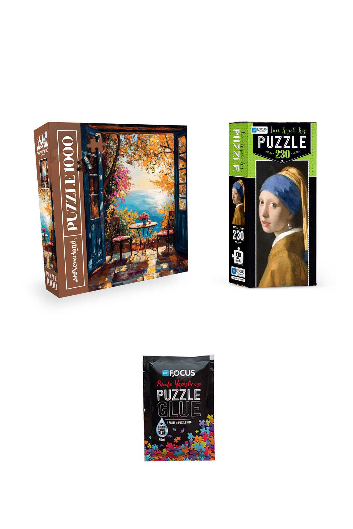 1000 PARÇA PUZZLE HUZURLU MANZARA VE 230 PARÇA İNCİ KÜPELİ KIZ VE PUZZLE YAPIŞTIRICISI