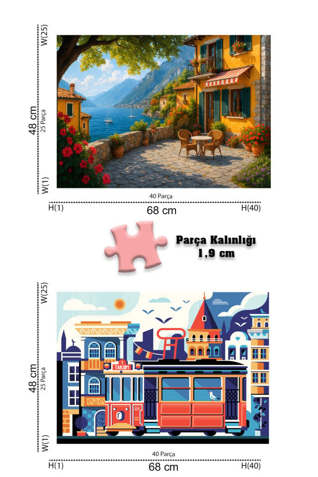 4 ADET 1000 PARÇA PUZZLE -GÜNEŞLİ TERAS VE ISTANBUL VE EYFEL KULESİ VE ATATÜRK
