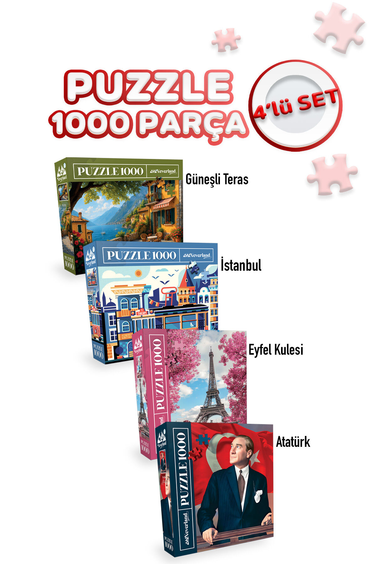 4 ADET 1000 PARÇA PUZZLE -GÜNEŞLİ TERAS VE ISTANBUL VE EYFEL KULESİ VE ATATÜRK
