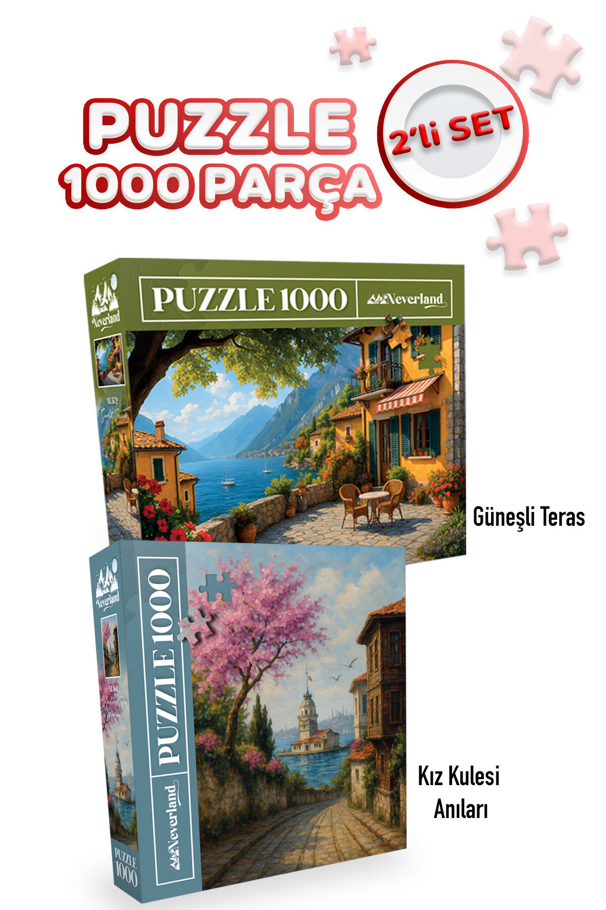 2 ADET 1000 PARÇA PUZZLE - GÜNEŞLİ TERAS VE KIZ KULESİ ANILARI