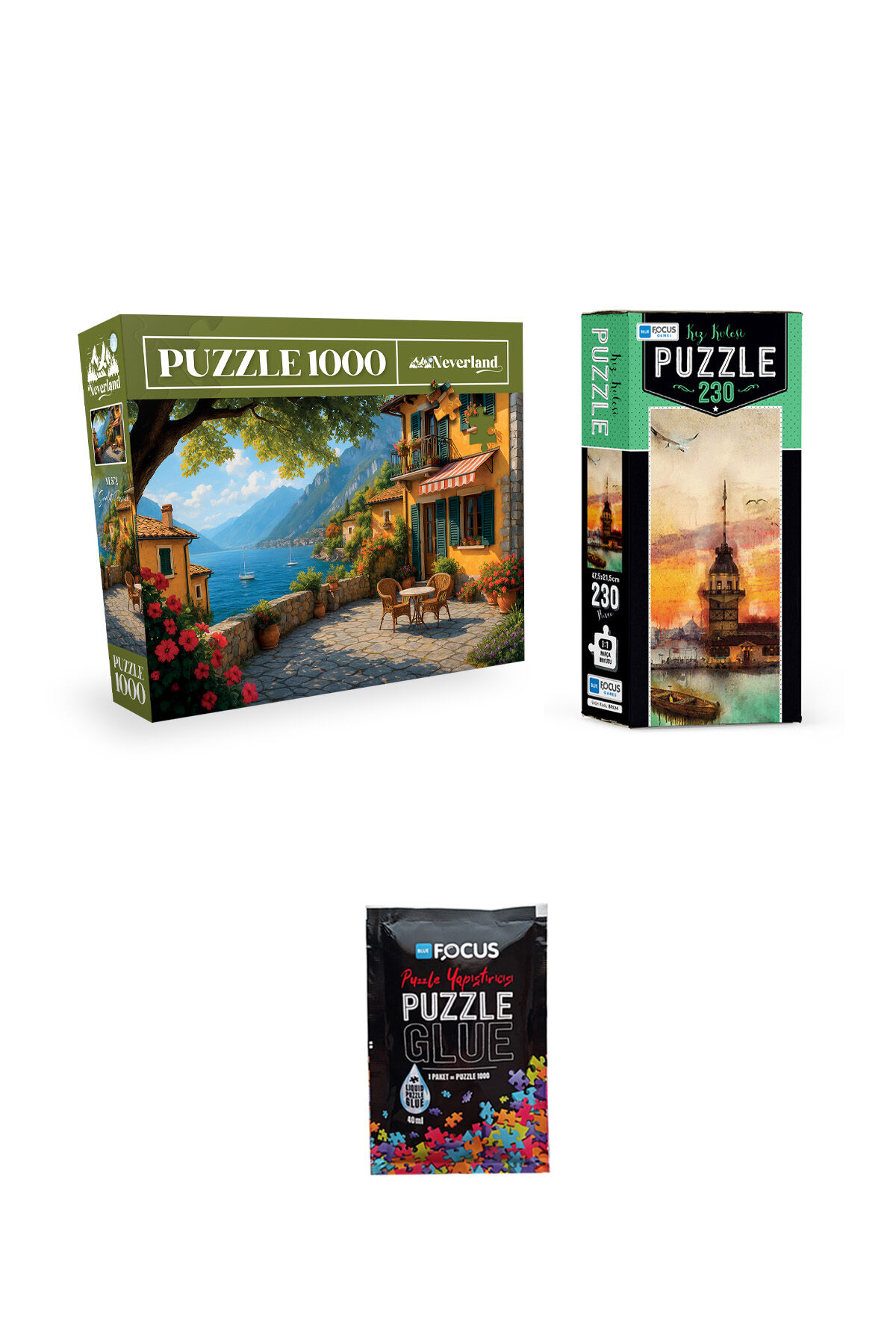 1000 PARÇA PUZZLE GÜNEŞLİ TERAS VE 230 PARÇA KIZ KULESİ VE PUZZLE YAPIŞTIRICISI