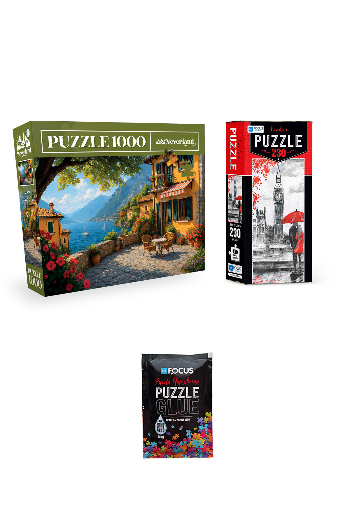 1000 PARÇA PUZZLE GÜNEŞLİ TERAS VE 230 PARÇA LONDON VE PUZZLE YAPIŞTIRICISI
