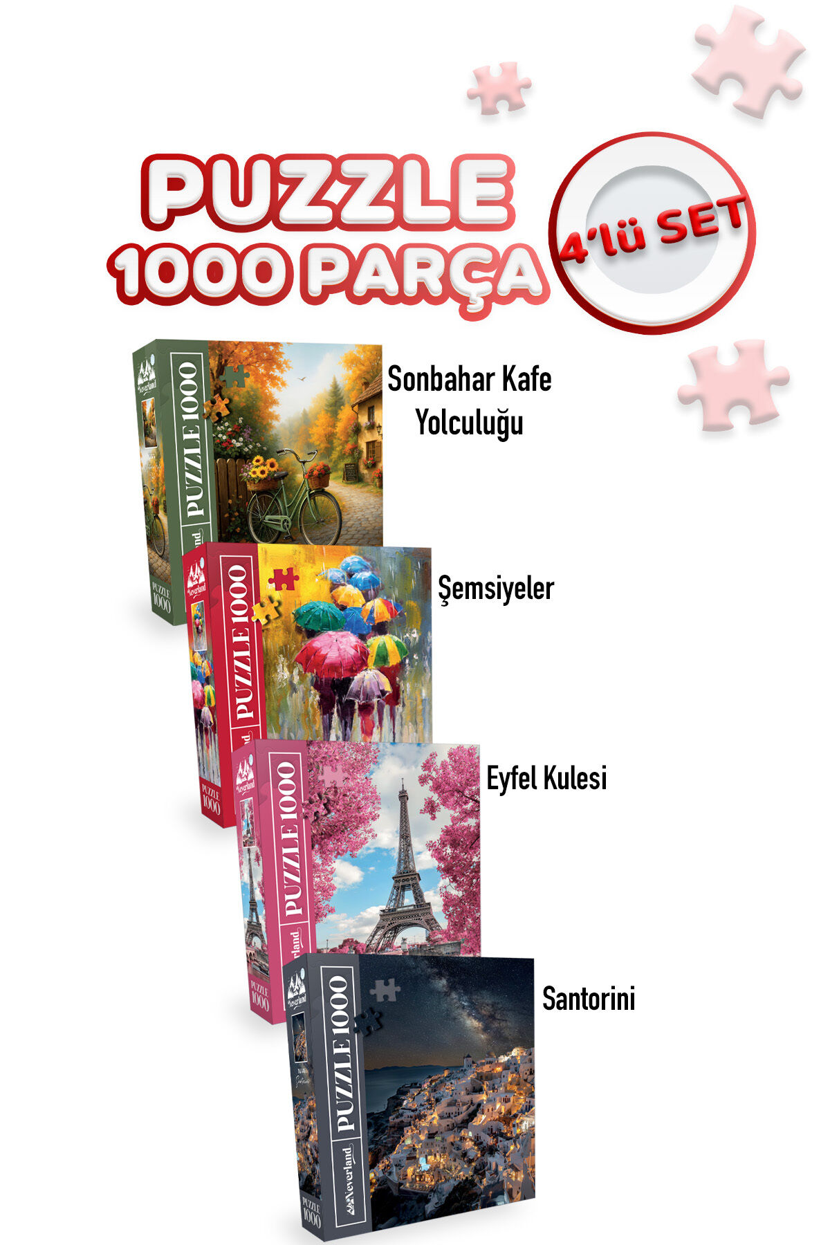 4 ADET 1000 PARÇA PUZZLE -SONBAHAR KAFE YOLCULUĞU VE ŞEMSİYELER VE EYFEL KULESİ VE SANTORİNİ
