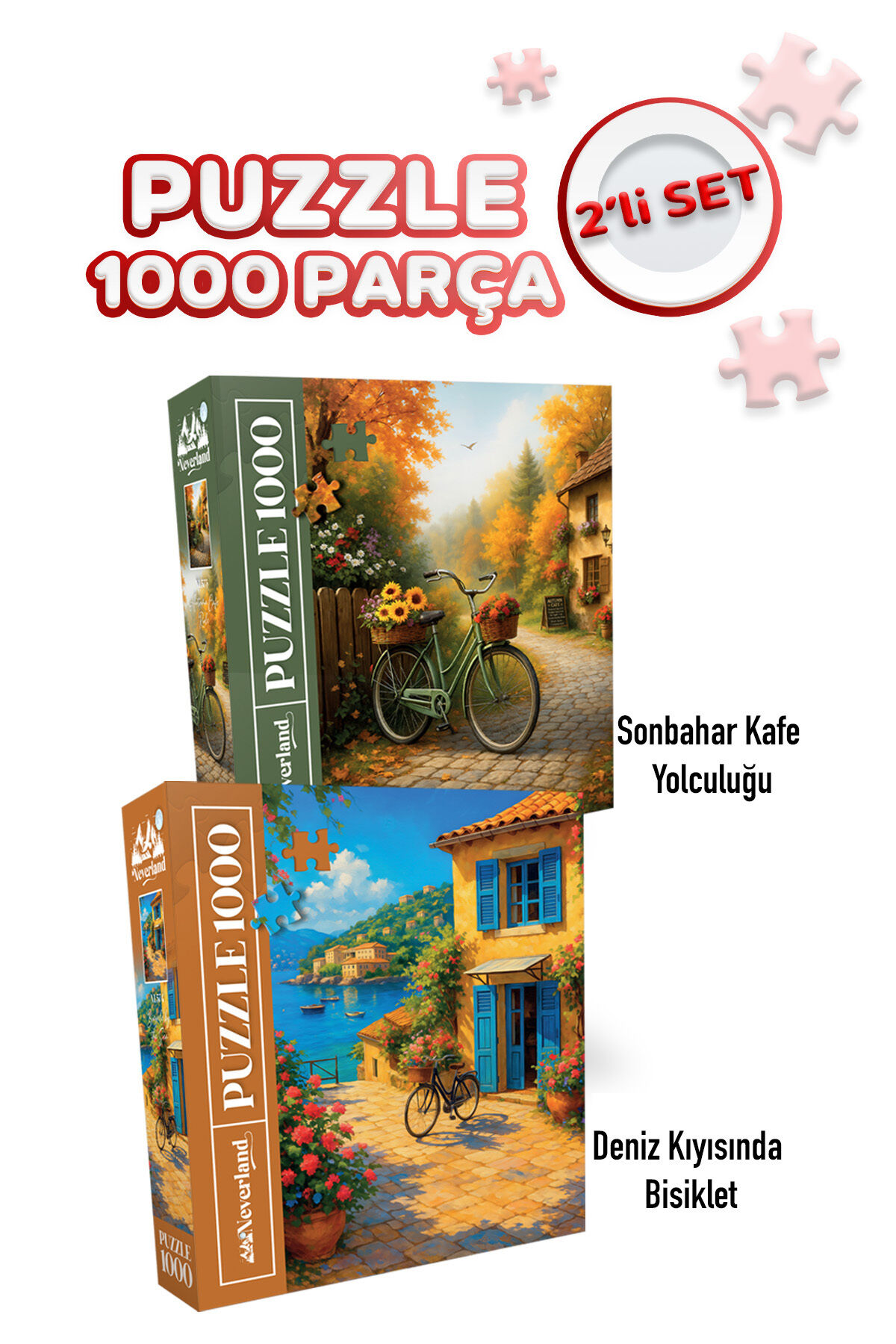 2 ADET 1000 PARÇA PUZZLE - SONBAHAR KAFE YOLCULUĞU VE DENİZ KIYISINDA BİSİKLET