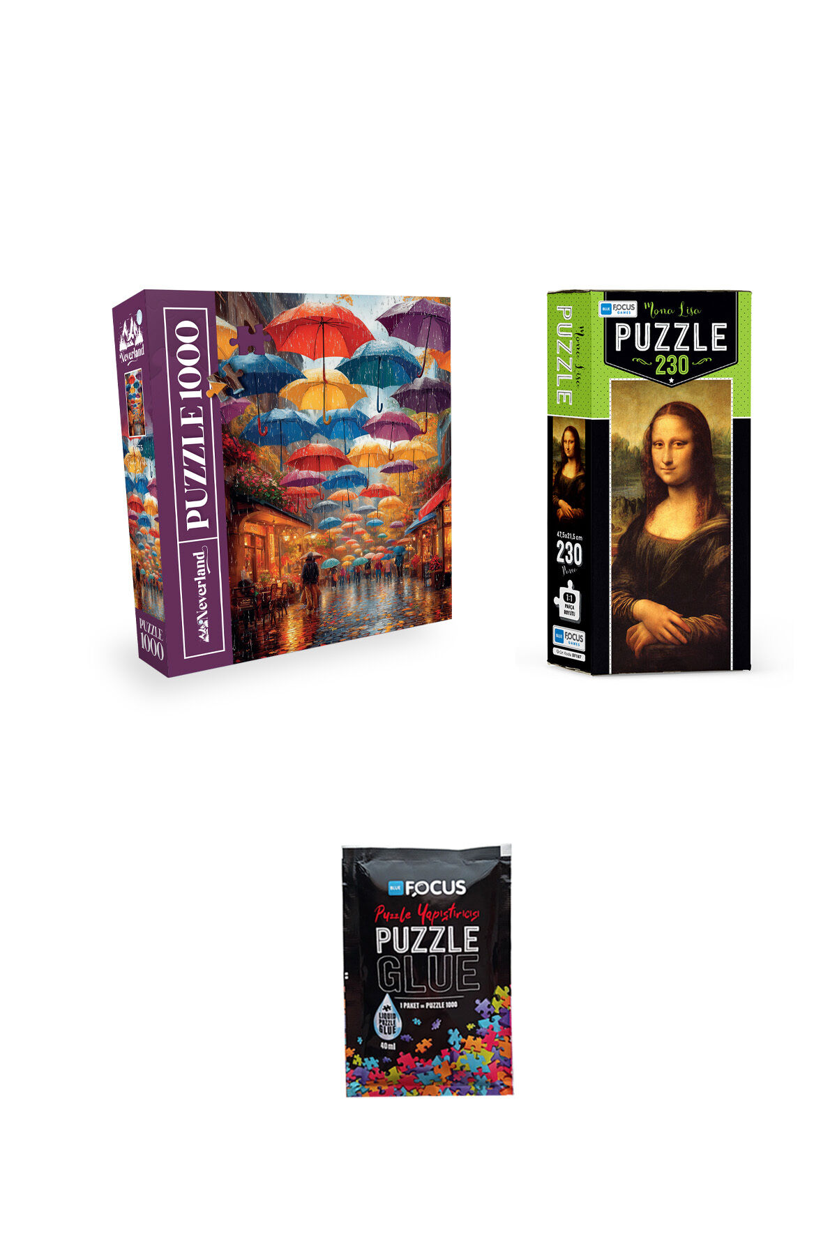 1000 PARÇA PUZZLE YAĞMURLU ŞEMSİYELİ SOKAK VE 230 PARÇA MONA LISA VE PUZZLE YAPIŞTIRICISI