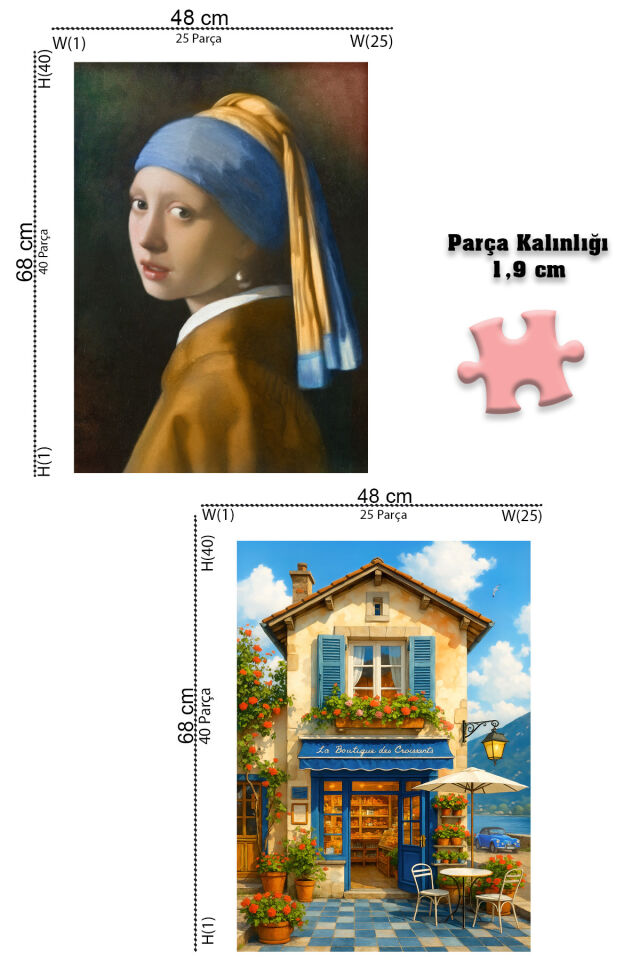 4 ADET 1000 PARÇA PUZZLE -MAVİ KAPILI KAFE VE İNCİ KÜPELİ KIZ VE DENİZ FENERİ GÜNBATIMI VE LONDON