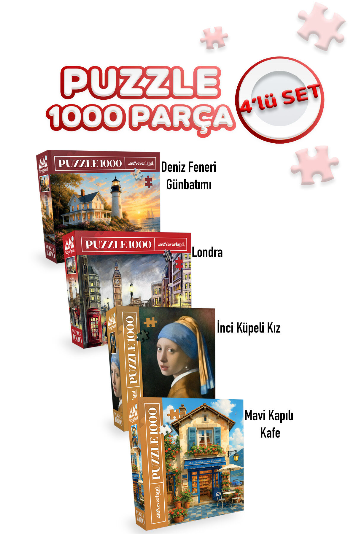 4 ADET 1000 PARÇA PUZZLE -MAVİ KAPILI KAFE VE İNCİ KÜPELİ KIZ VE DENİZ FENERİ GÜNBATIMI VE LONDON