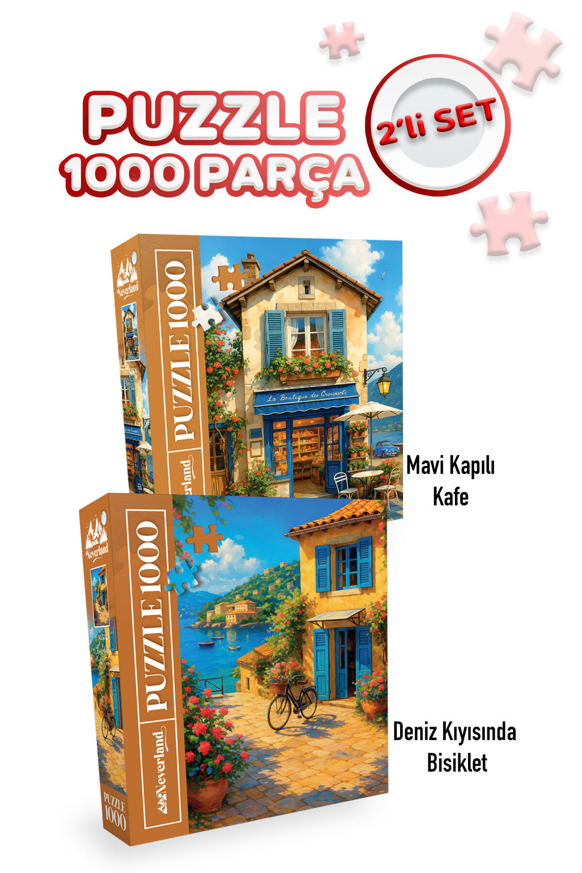 2 ADET 1000 PARÇA PUZZLE -MAVİ KAPILI KAFE VE DENİZ KIYISINDA BİSİKLET