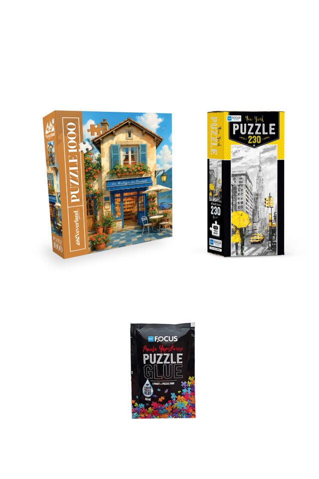 1000 PARÇA PUZZLE MAVİ KAPILI KAFE VE 230 PARÇA NEW YORK VE PUZZLE YAPIŞTIRICISI