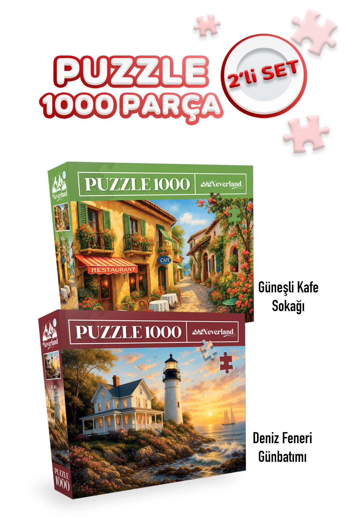 2 ADET 1000 PARÇA PUZZLE -GÜNEŞLİ KAFE SOKAĞI VE DENİZ FENERİ GÜNBATIMI