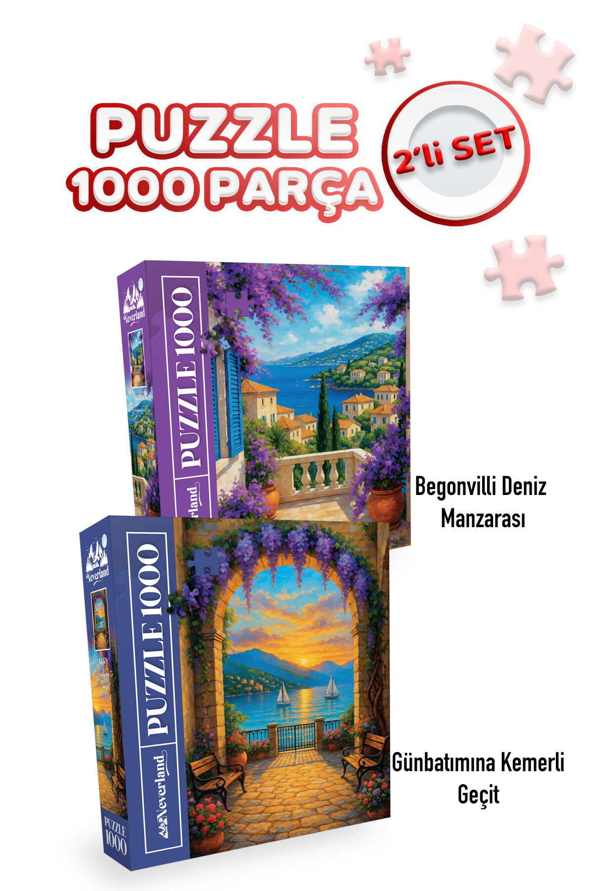 2 ADET 1000 PARÇA PUZZLE - BEGONVİLLİ DENİZ MANZARASI VE GÜNBATIMINA KEMERLİ GEÇİT