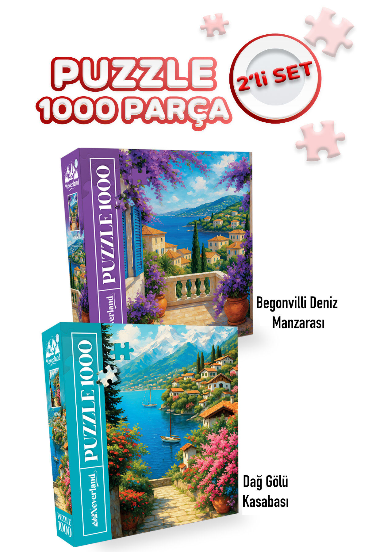 2 ADET 1000 PARÇA PUZZLE - BEGONVİLLİ DENİZ MANZARASI VE DAĞ GÖLÜ KASABASI