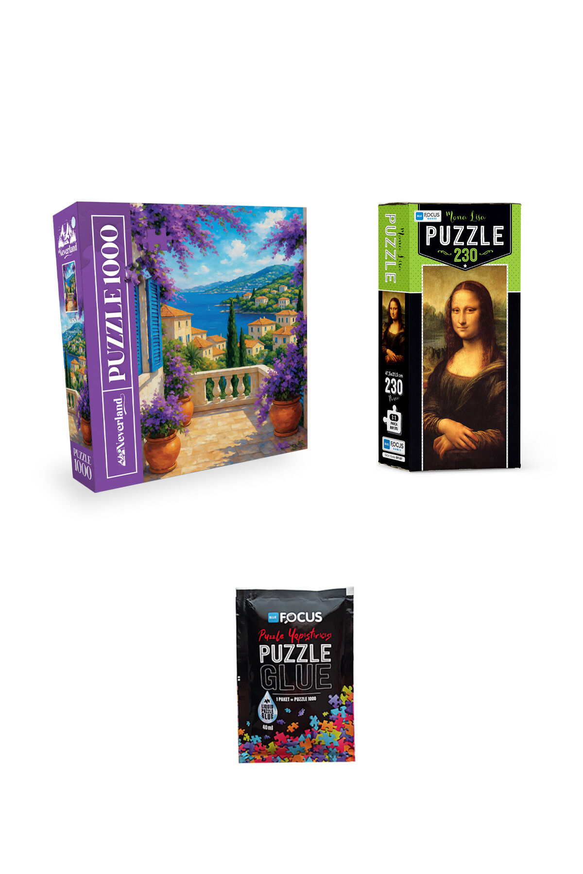 1000 PARÇA PUZZLE BEGONVİLLİ DENİZ MANZARASI + 230 PARÇA MONA LISA + PUZZLE YAPIŞTIRICISI