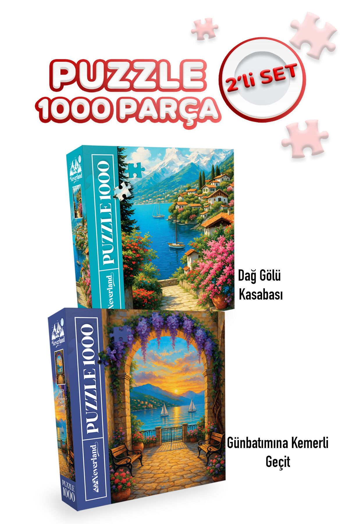 2 ADET 1000 PARÇA PUZZLE - GÜNBATIMINA KEMERLİ GEÇİT VE DAĞ GÖLÜ KASABASI