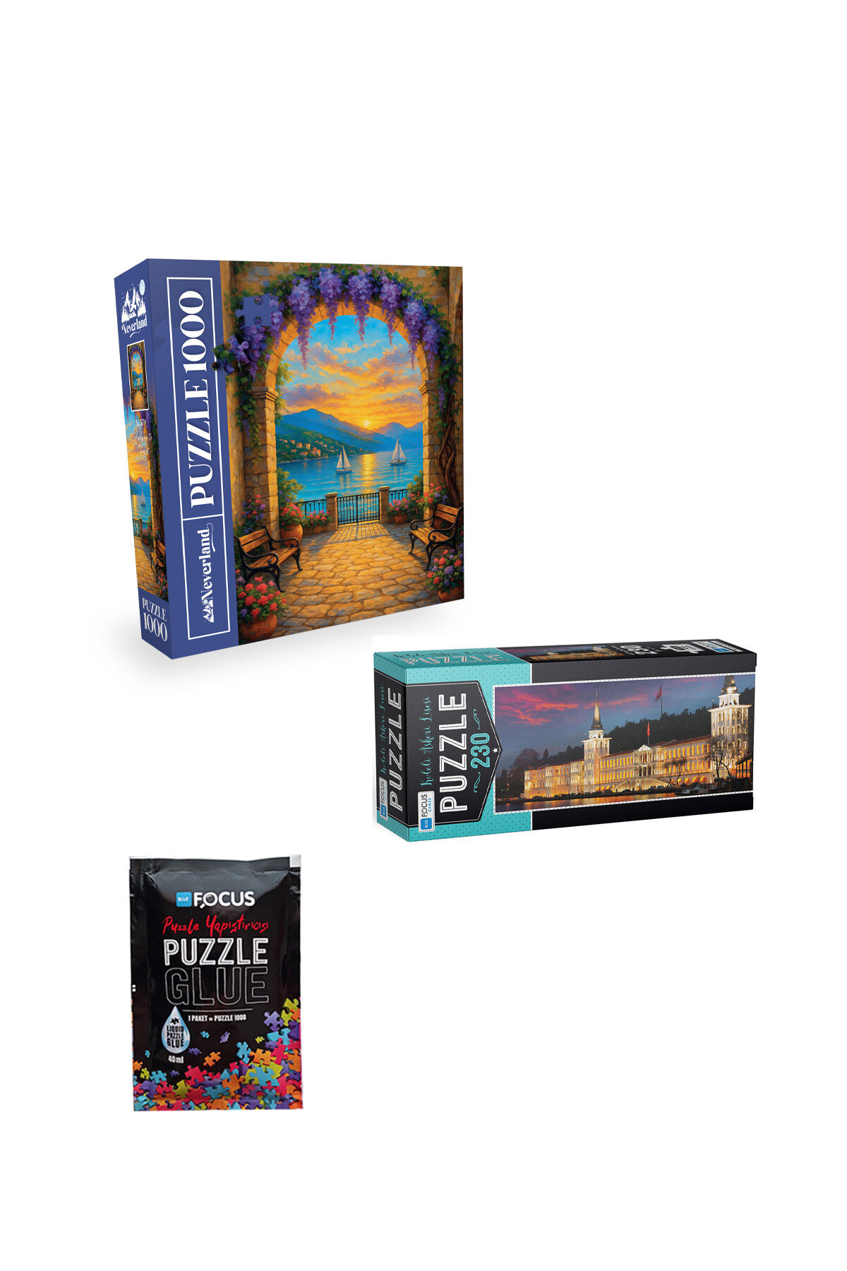 1000 PARÇA PUZZLE GÜNBATIMINA KEMERLİ GEÇİT + 230 PARÇA KULELİ ASKERİ LİSESİ + PUZZLE YAPIŞTIRICISI