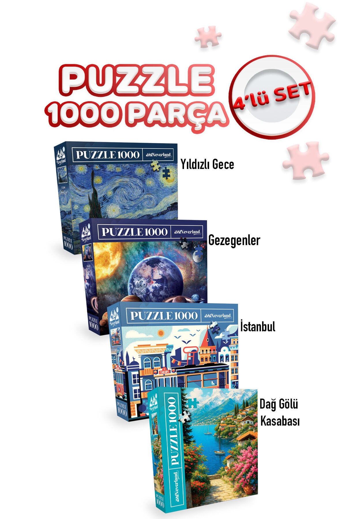 4 ADET 1000 PARÇA PUZZLE -DAĞ GÖLÜ KASABASI VE YILDIZLI GECE VE GEZEGENLER VE İSTANBUL