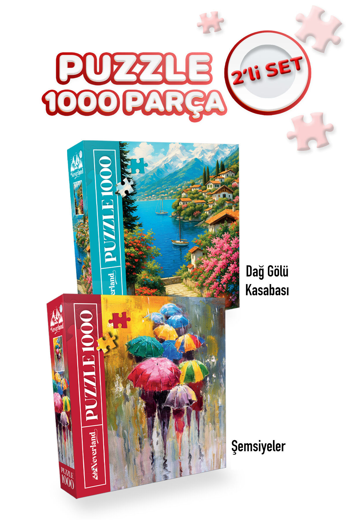 2 ADET 1000 PARÇA PUZZLE - DAĞ GÖLÜ KASABASI VE ŞEMSİYELER