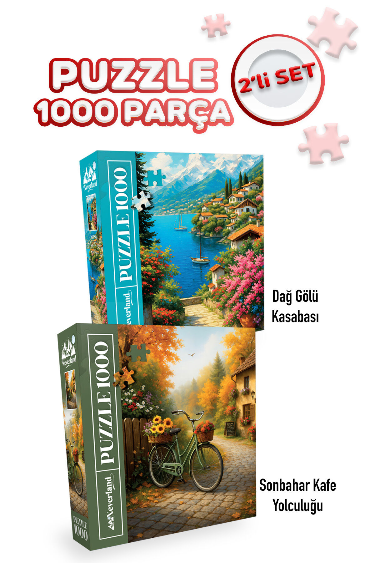 2 ADET 1000 PARÇA PUZZLE - DAĞ GÖLÜ KASABASI VE SONBAHAR KAFE YOLCULUĞU