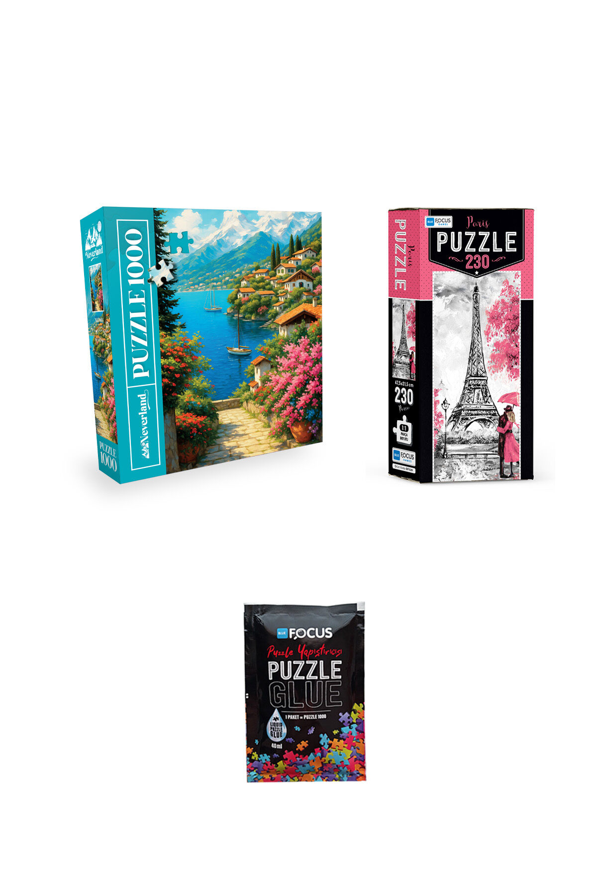 1000 PARÇA PUZZLE DAĞ GÖLÜ KASABASI VE 230 PARÇA PARIS VE PUZZLE YAPIŞTIRICISI