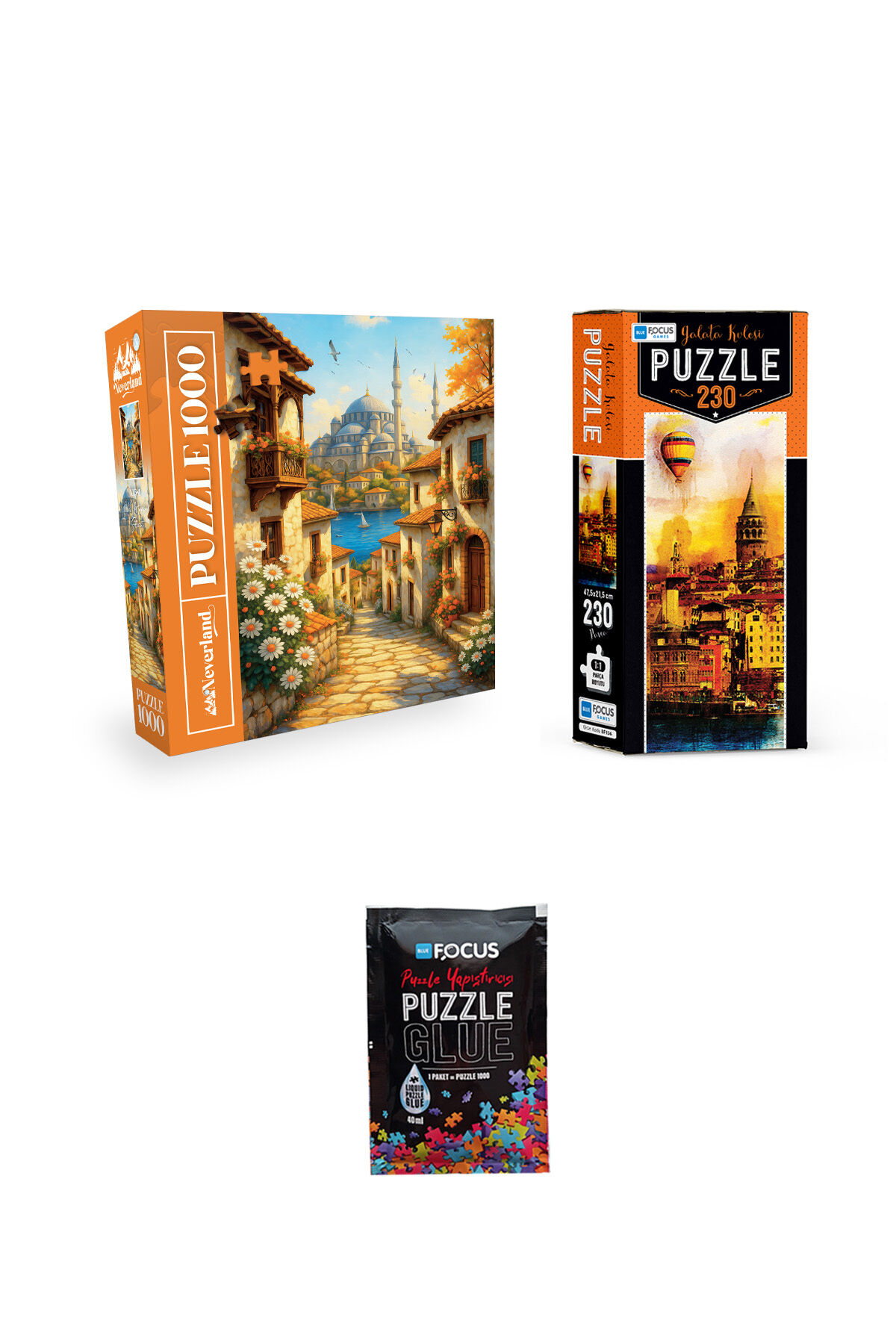 1000 PARÇA PUZZLE ESKİ İSTANBUL SOKAĞI VE 230 PARÇA GALATA KULESİ VE PUZZLE YAPIŞTIRICISI