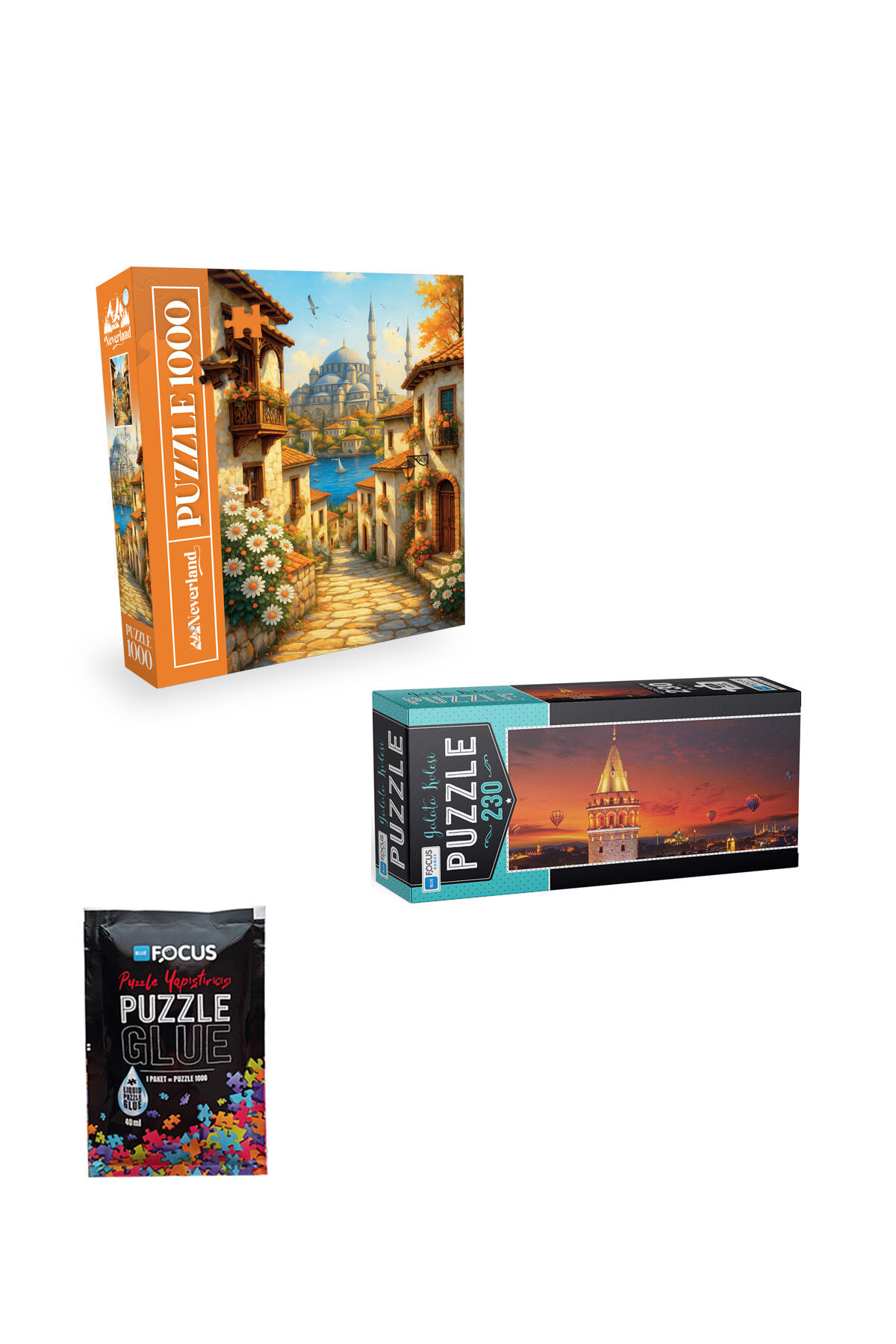 1000 PARÇA PUZZLE ESKİ İSTANBUL SOKAĞI VE 230 PARÇA GALATA KULESİ VE PUZZLE YAPIŞTIRICISI