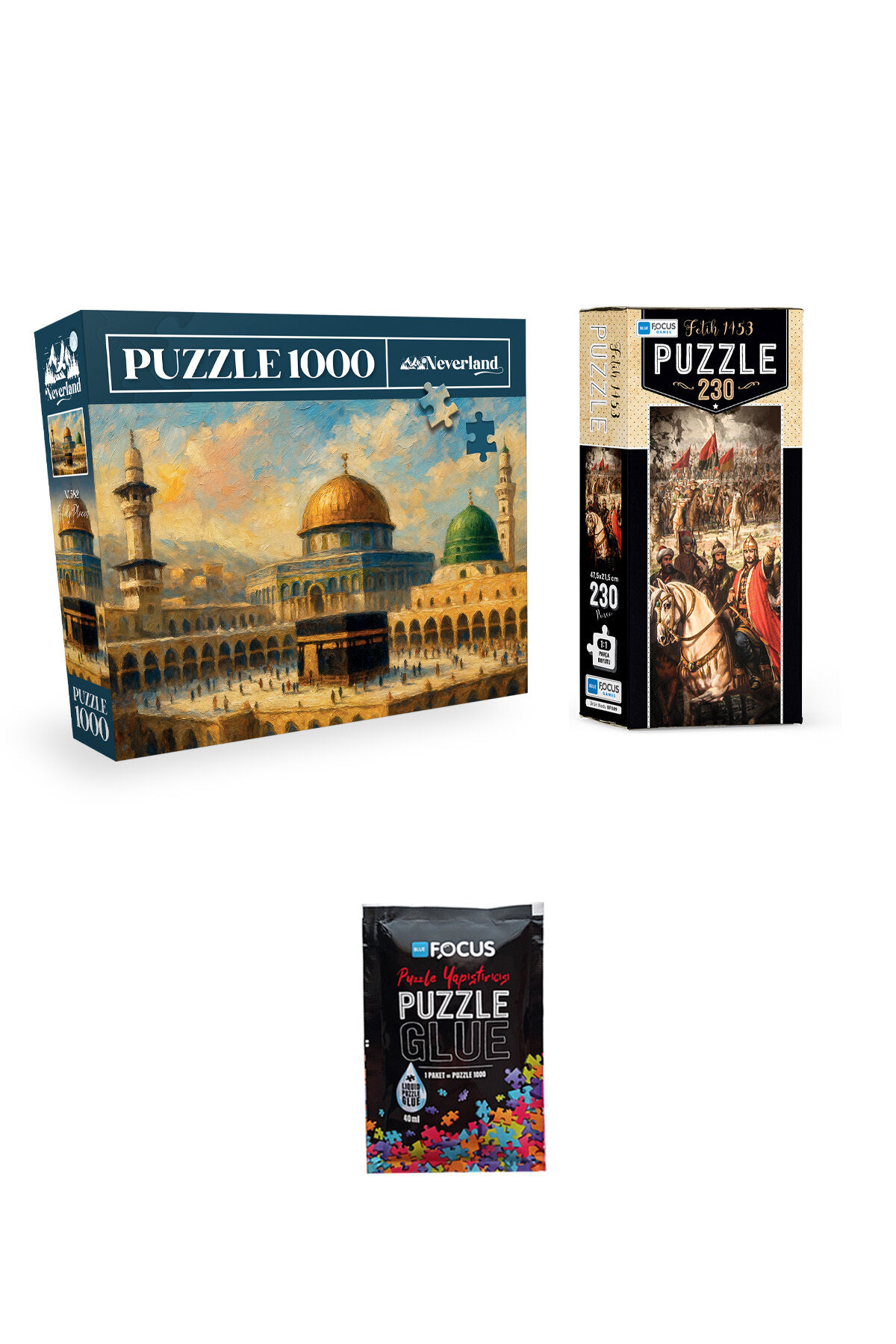 1000 PARÇA PUZZLE MUKADDES MEKANLAR VE 230 PARÇA FETİH 1453 VE PUZZLE YAPIŞTIRICISI