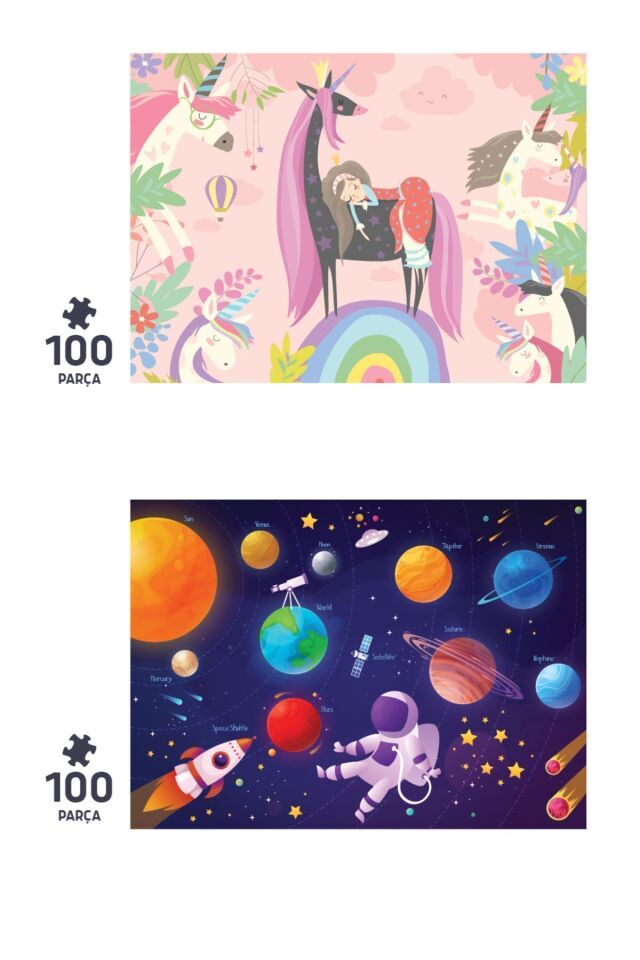 2'li Çocuk Puzzle - 100 Parça Puzzle - Unıcorn Ve Gezegenler