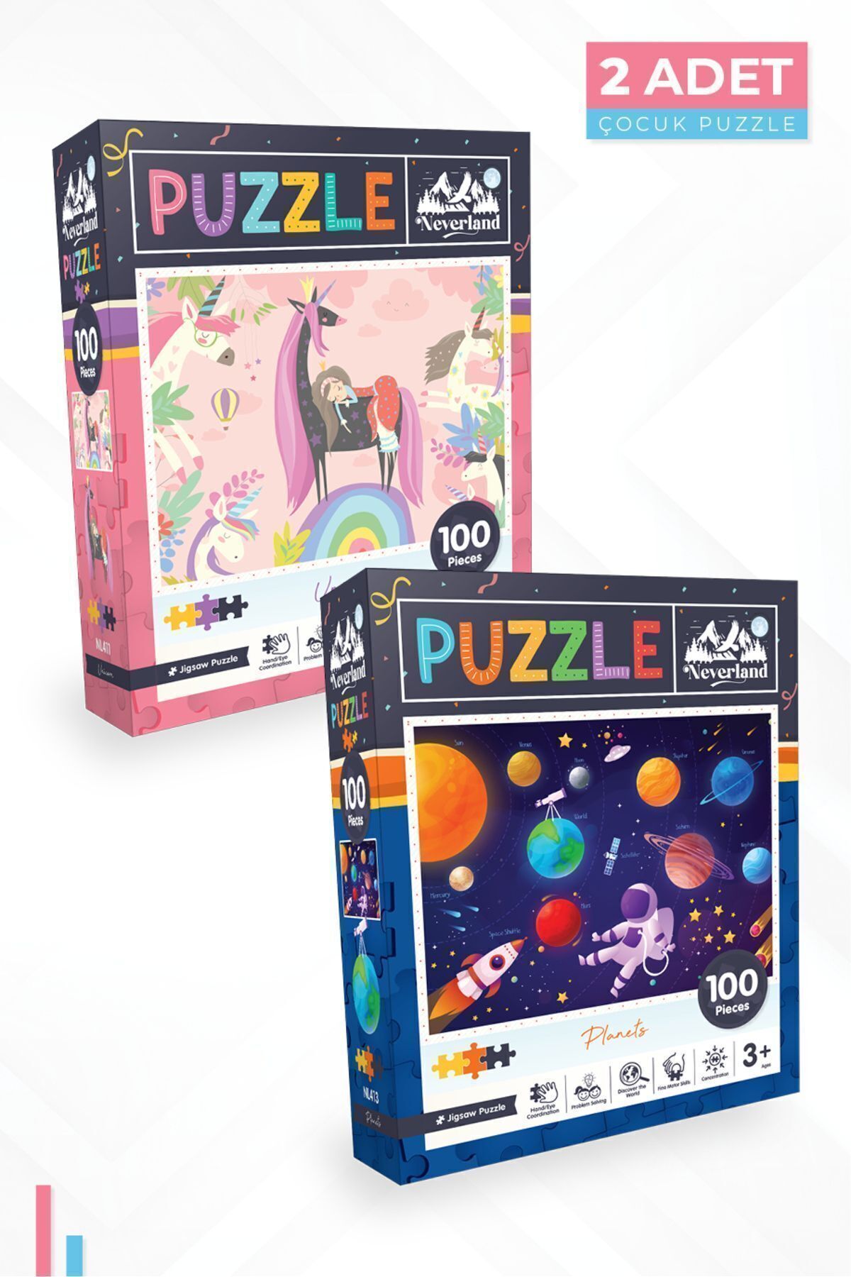 2'li Çocuk Puzzle - 100 Parça Puzzle - Unıcorn Ve Gezegenler