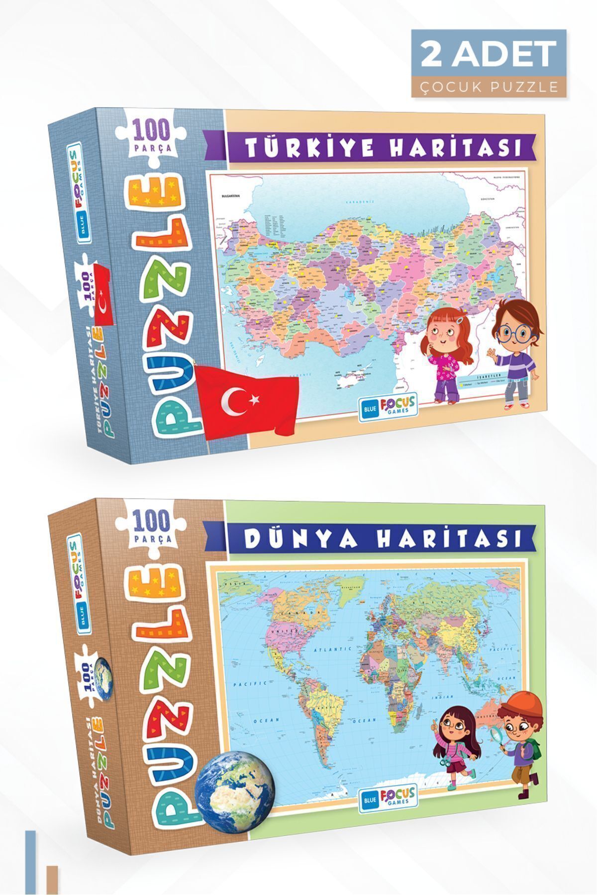 2 ADET PUZZLE - 100 PARÇA TÜRKİYE HARİTASI PUZZLE ve 100 PARÇA DÜNYA HARİTASI PUZZLE