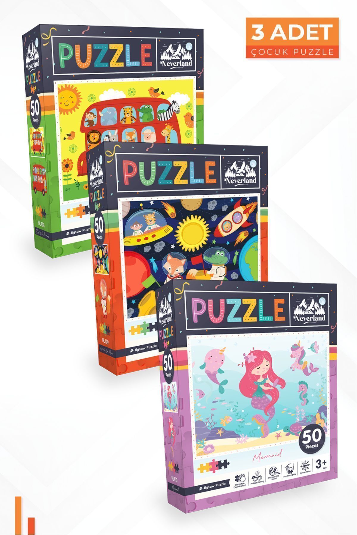 3'lü Çocuk Puzzle - 50 Parça Hayvanlarla Otobüs Ve Ay Hayvanları Ve Deniz Kızı